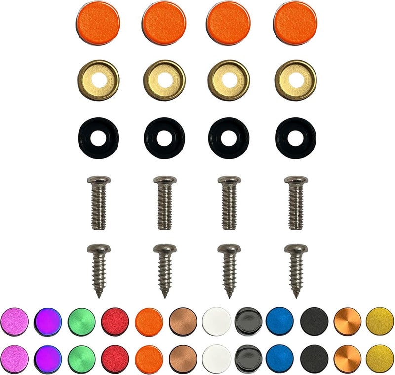 NAROWAN Color: Orange - License Plate Screws - Stainless Steel, Set of 4 Fasteners - for Front or Rear License Plates, Frames or Covers on Car, Truck, SUVs - Rustproof Self Tapping and M6 Screws Aluminum caps - Image 1